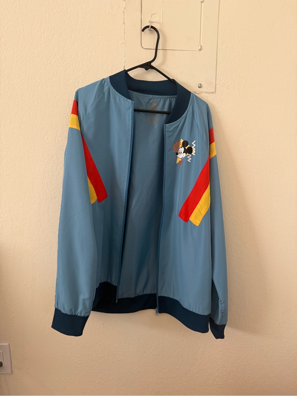 Disney Blue Mickey Graphic Bomber Jacket with Red & Yellow Accents